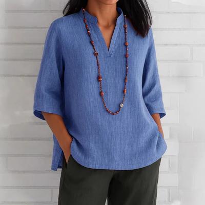 Blue Linen Blend Stand Collar Split Neck Three Quarter Sleeve Blouse for Women