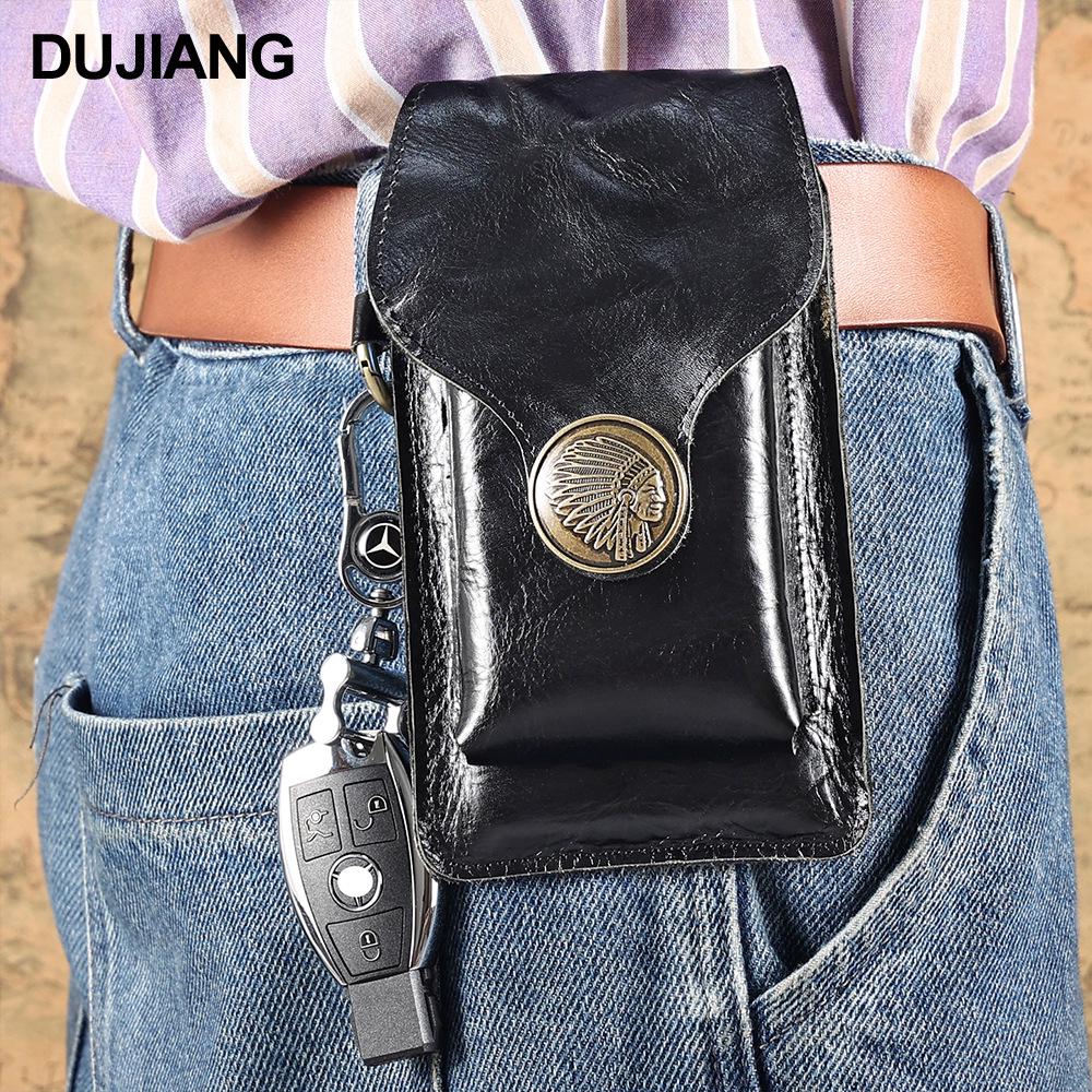 Men's Genuine Crazy Horse Leather Waist Bag - Top Layer Cowhide, Casual Outdoor Cell Phone Holder