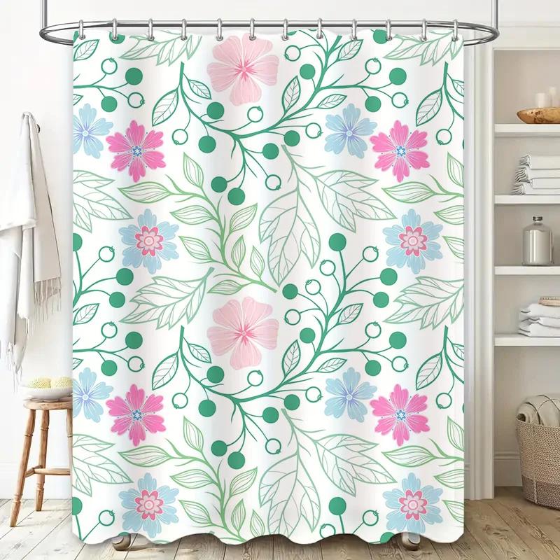 Beautiful floral shower curtain set with green leaves, pink flowers, blue berries perfect for bathroom decor