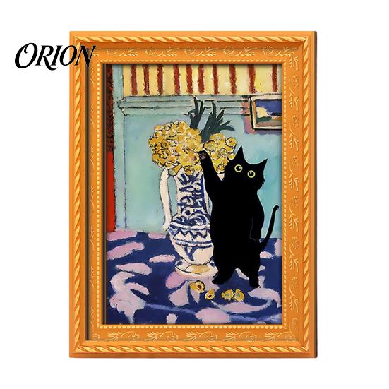 Cat Pattern Magnet Decor Oil Painting Refrigerator Magnet, Wooden Frame Black Decorative Fridge Magnets Theme Retro Rectangle Magnetic Decoration