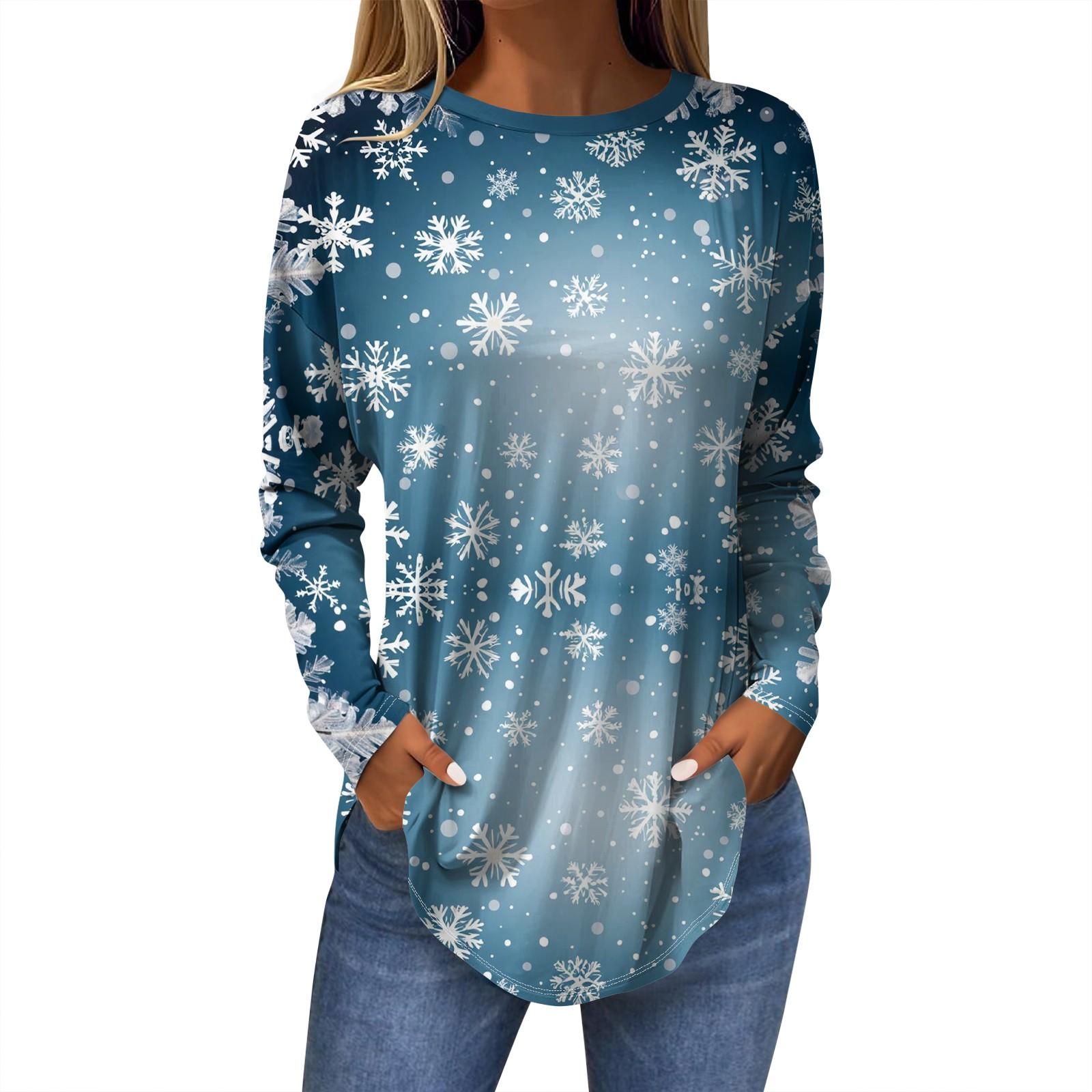 

Женская модная повседневная футболка с круглым вырезом и длинным рукавом с рождественским принтом L синий