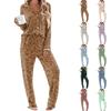 Women's Printed Pajama Set Long Sleeve V-Neck Button-Up Top and Pants with Pockets for Loungewear