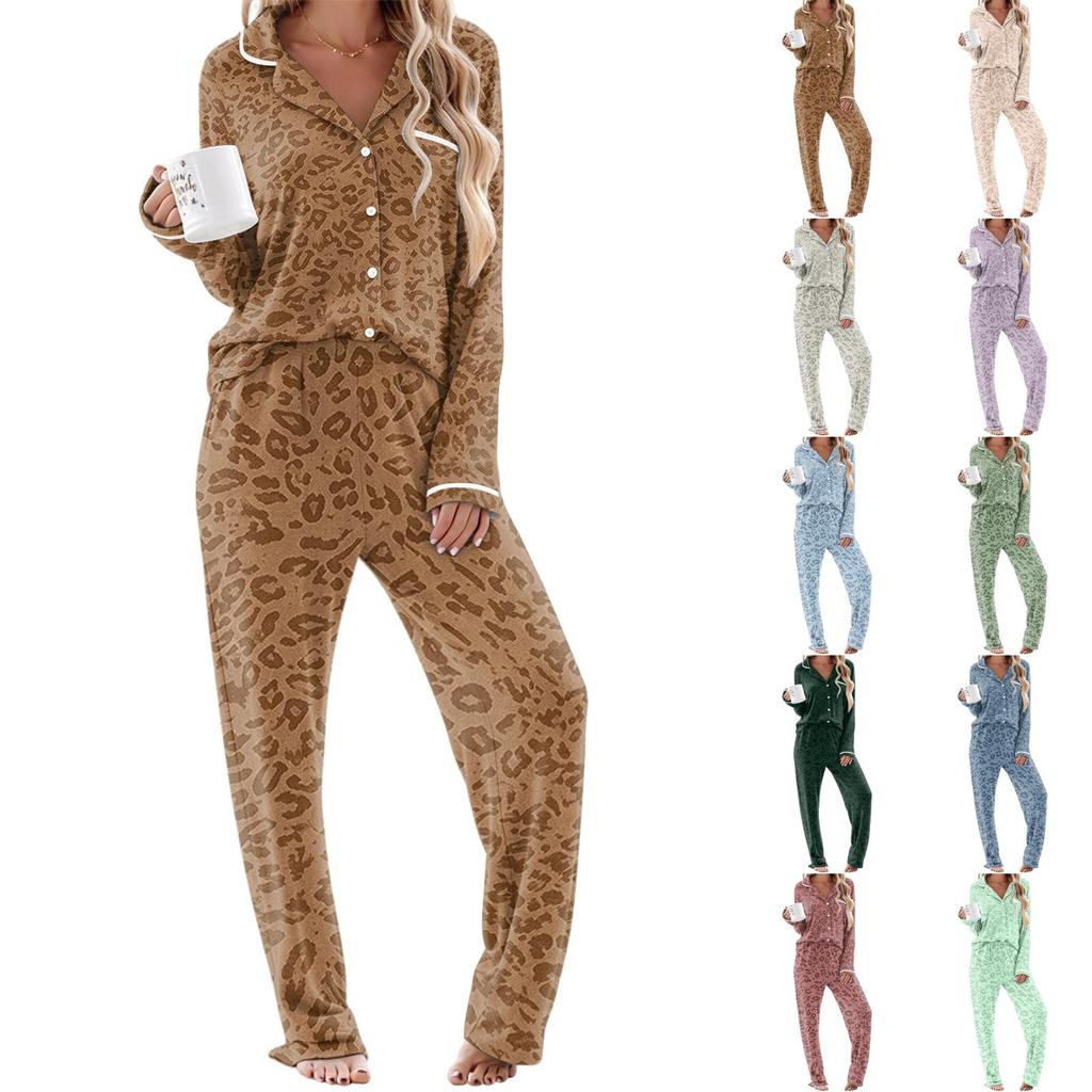 Women's Printed Pajama Set Long Sleeve V-Neck Button-Up Top and Pants with Pockets for Loungewear