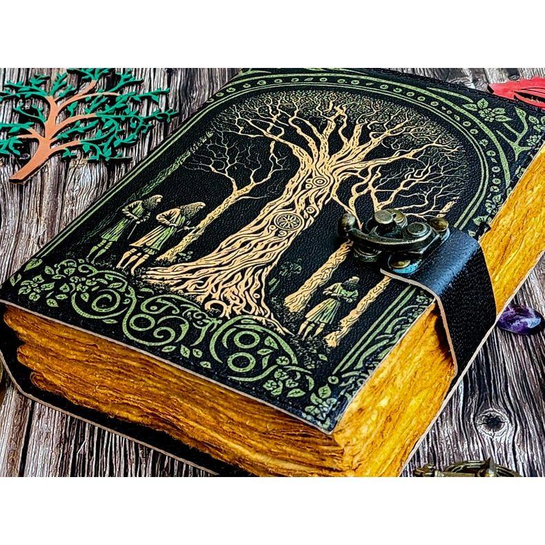 Kožený zápisník Strom života - Zápisníky z pravé kůže pro ženy - Krásný zápisník na skicák, cestovní kniha, prázná kniha kouzel