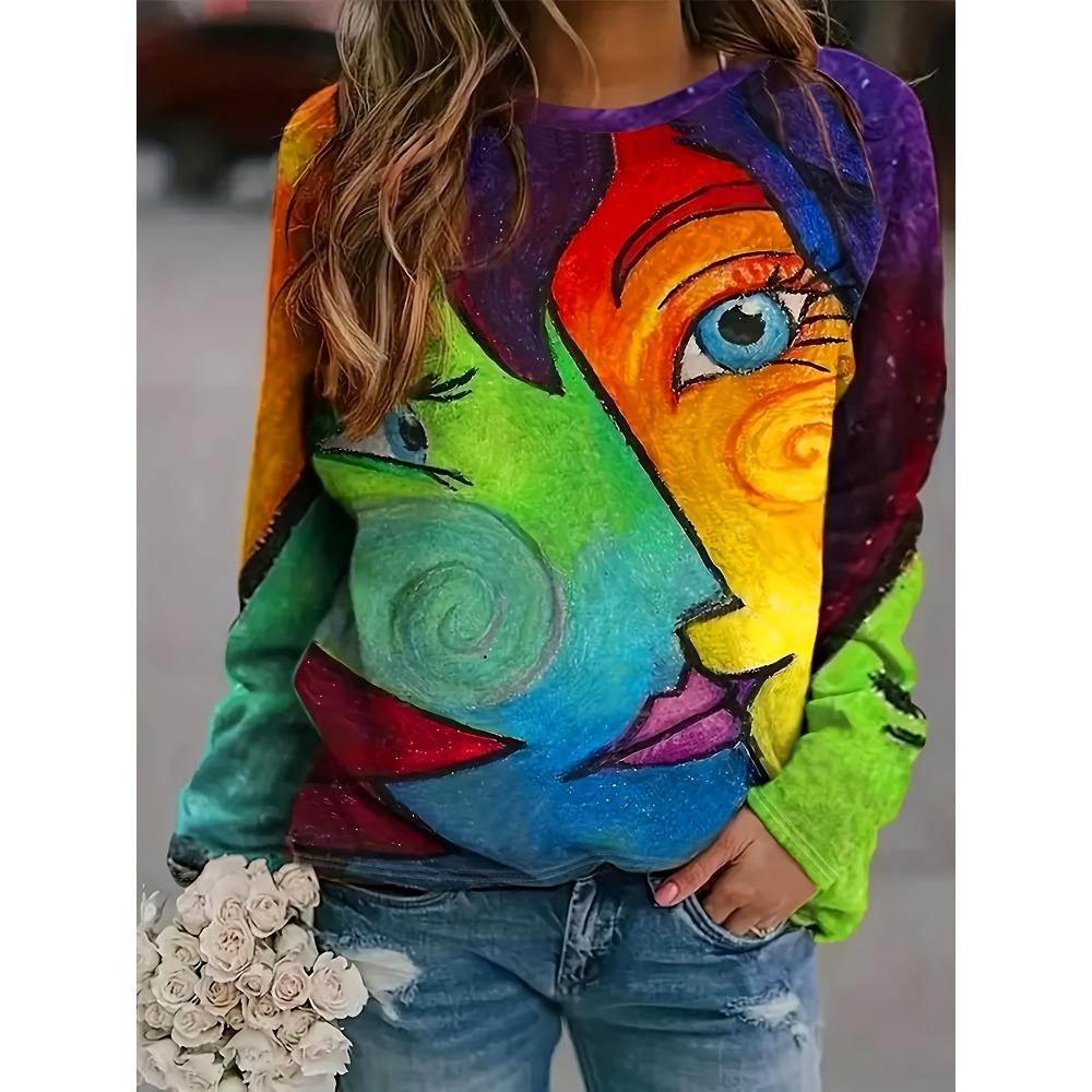 Vibrant Versatility, Elegant Plus Size Women's T-Shirt with Unique Abstract Print Crew Neck, Long Sleeve Perfect Spring