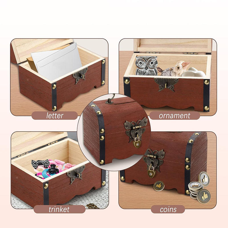 Vintage Wooden Treasure Chest Piggy Bank With Lock Money Box Coin Storage Retro Home Decor Trinket Box