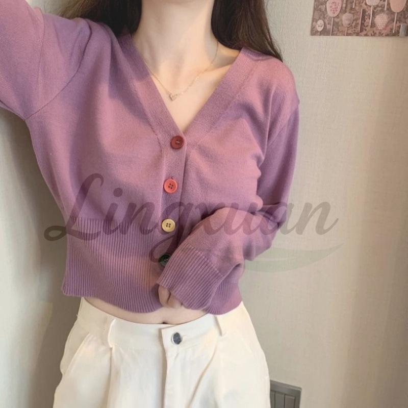 Versatile Korean V-neck Slimming Knit Cardigan - Spring/Autumn Long Sleeve Outerwear