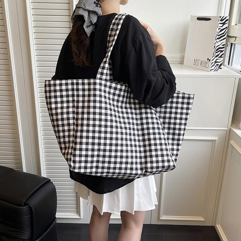 Large Capacity Plaid Women's Canvas Shoulder Bags Simple Commuter Female Shopping Bag College Girls Book Tote Travel Handbags