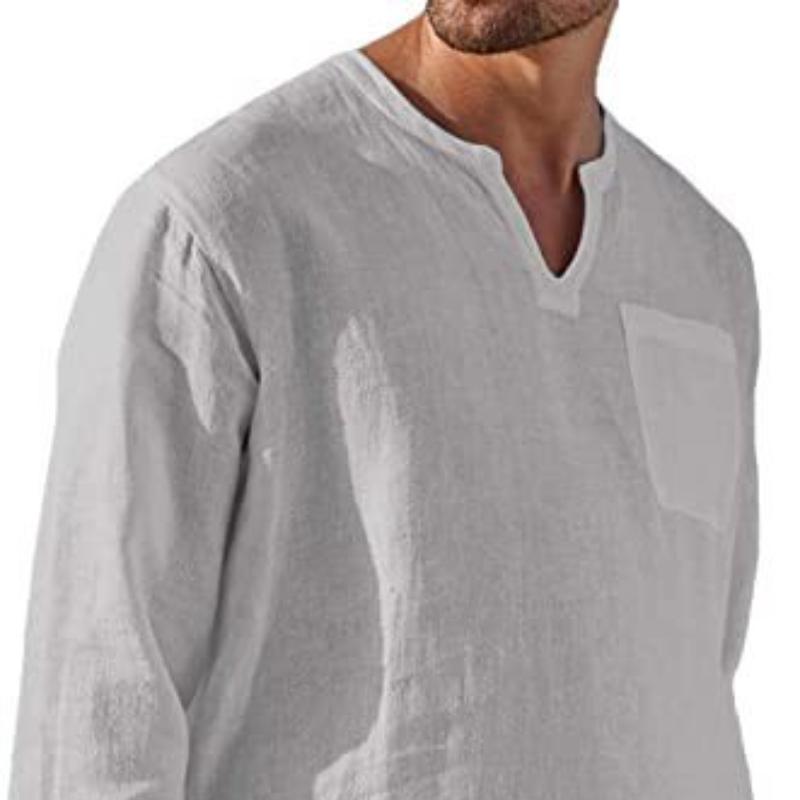Fashion Men's Long Sleeve V-Neck Casual Beach Linen Shirt Men's Tops