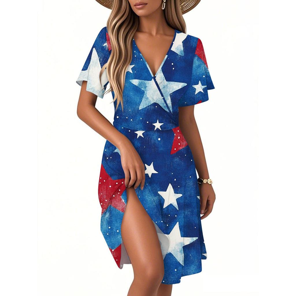 Kvinners Casual Mote Kjole Vintage Blomstermønstret Blomster Kort Erm V-hals Kjole