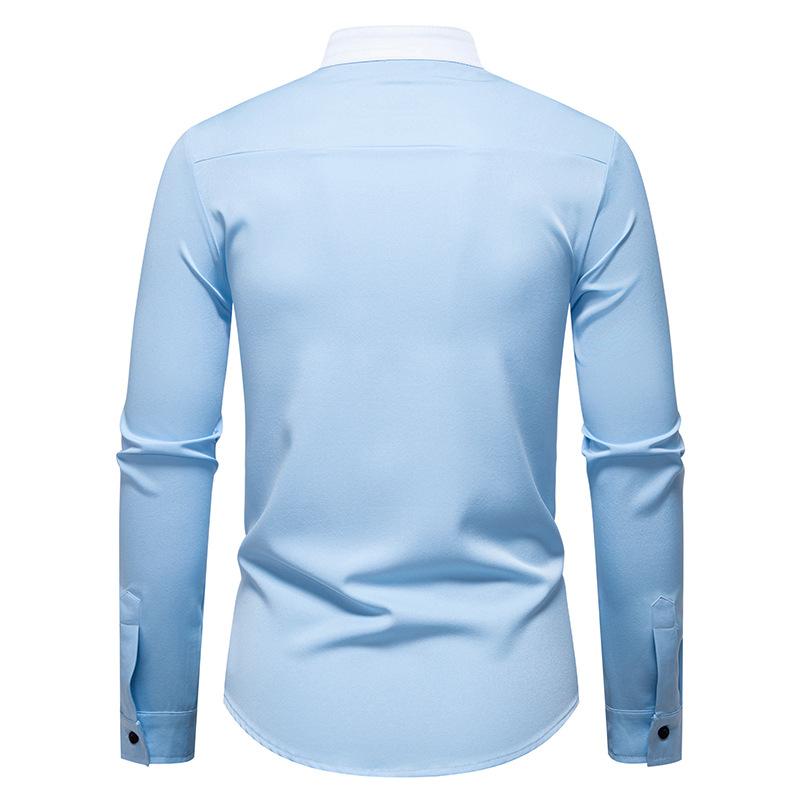 Men's Stand Collar Contrast Panel Dress Shirt Long Sleeve Fashion Slim-Fit Top for Men Spring Autumn Multi-Color Male Formal Blouse