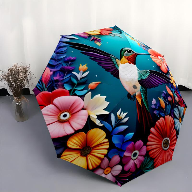 1pc Hummingbird Flowers Automatic Open/close, Heavy-Duty Iron Frame & 8-Rib Structure, Compact Folding Umbrella for Women/Men, All-Season Travel, Hall