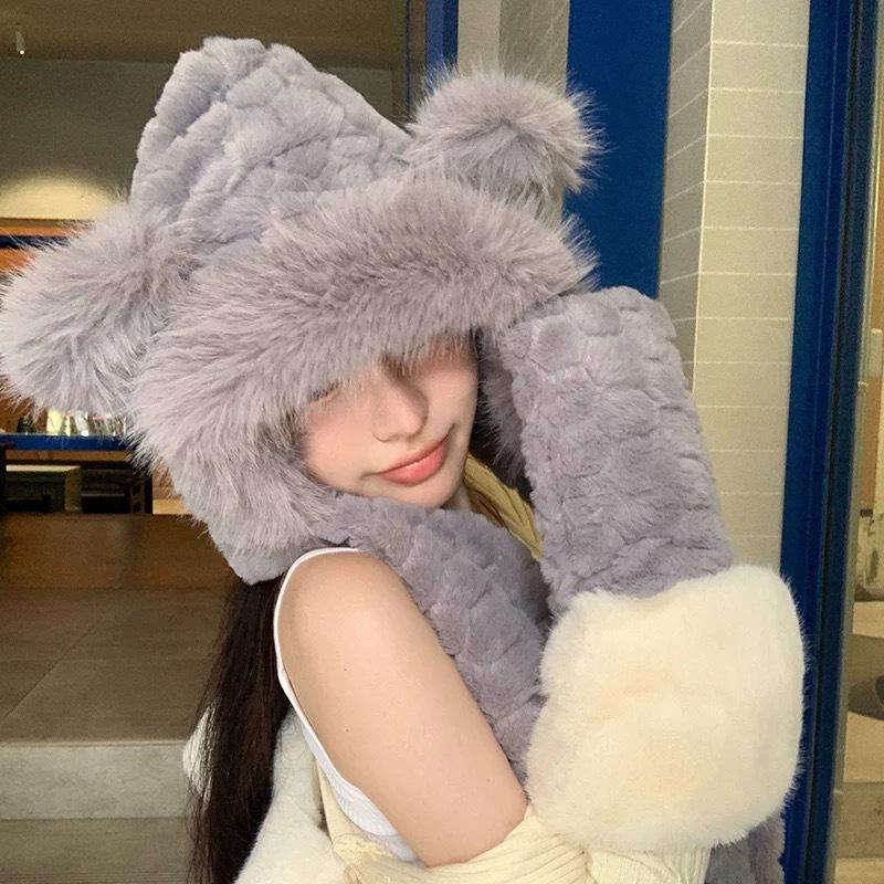 

New Winter Bear Hat Girl Windproof Scarf Gloves Plus Velvet Bike Warm Artifact Integrated with Cold Protection