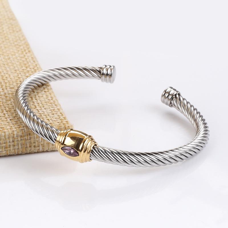 18K Gold Non-Fading Zircon Inlaid Titanium Steel Twist Open Bracelet