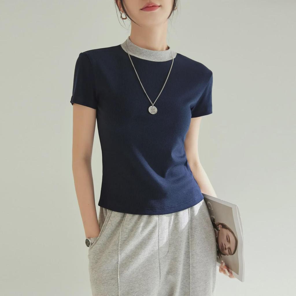 Tricou cu mânecă scurtă slim fit în stil șic franțuzesc pentru femei - Elasticitate ridicată, Atingere răcoroasă, Gât rotund, Primăvară/Vară 2025