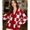 Europe, America Autumn and Winter Fashion Sweater Women's Clothing, Casual Knitted Plaid Contrasting Cardigan Jacket Top