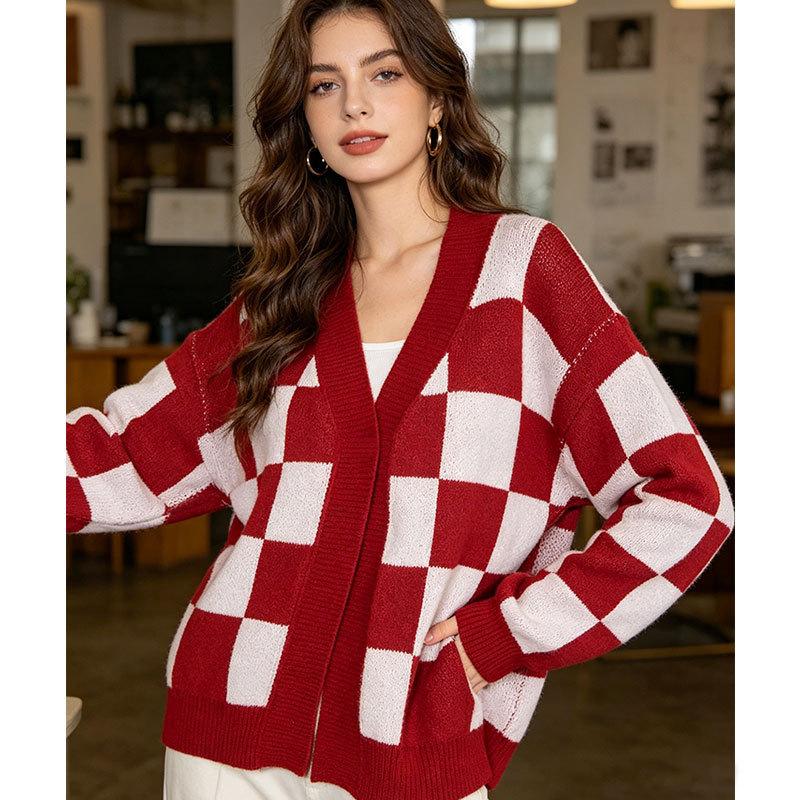 Europe, America Autumn and Winter Fashion Sweater Women's Clothing, Casual Knitted Plaid Contrasting Cardigan Jacket Top