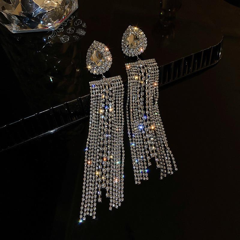 Silver Needle Diamond Flower Water Drop Tassel Earrings Exaggerated Earrings Light Luxury Premium Earrings Women