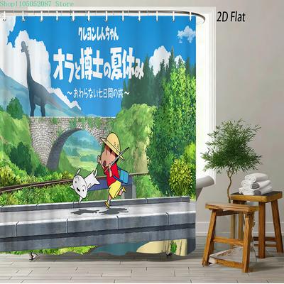 Crayon Shin-Chan The Movie Ora To Hakase No Natsuyasumi 2D Print Waterproof Shower Curtain, Blue Anime Bathroom Decor With Hooks