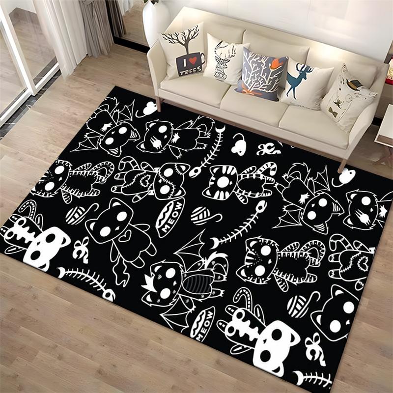Black Cartoon Cat Pattern Carpet with Skeletons Wings Fish Bones and Meow Symbol Suitable for use as an anti-slip for room and bedroom sofas