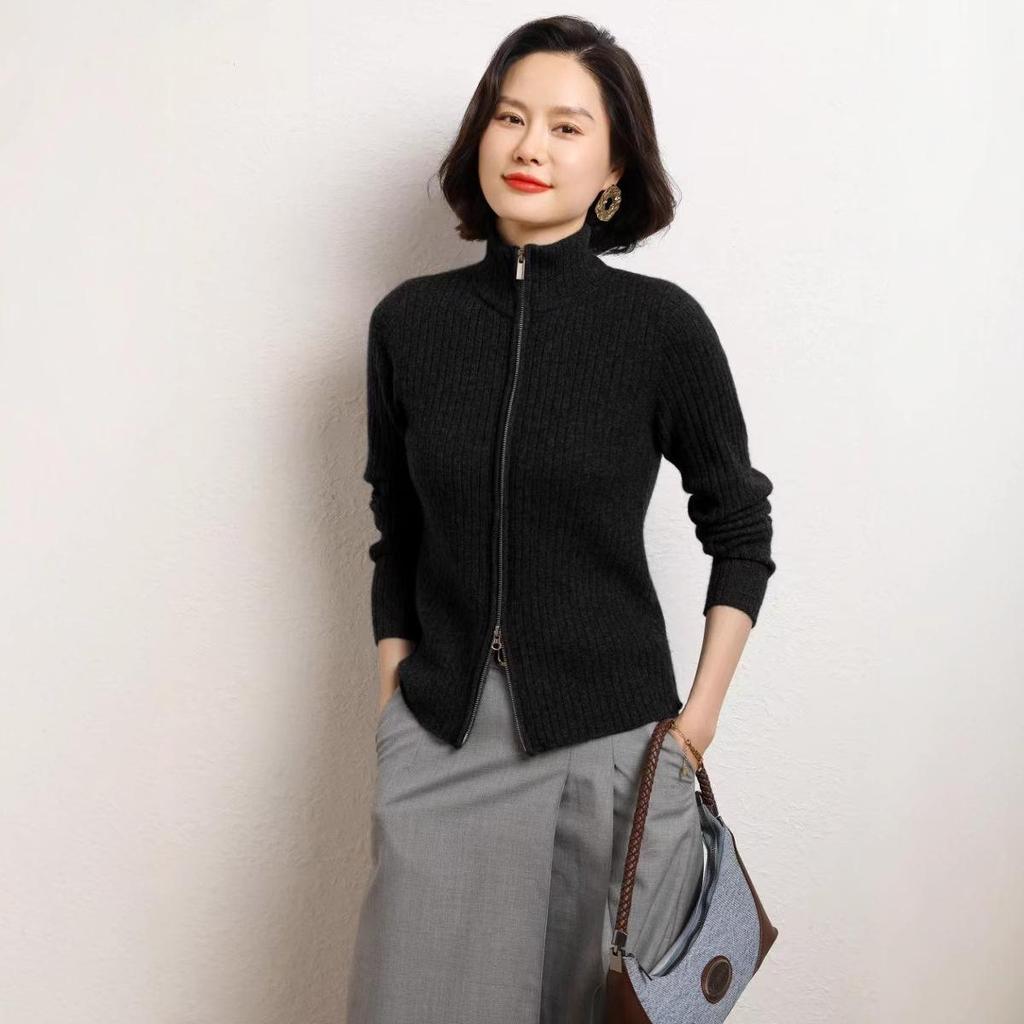 Women's Slim Fit Cashmere Zipper Cardigan – Autumn/Winter Korean Style Knit Sweater with Drawstring