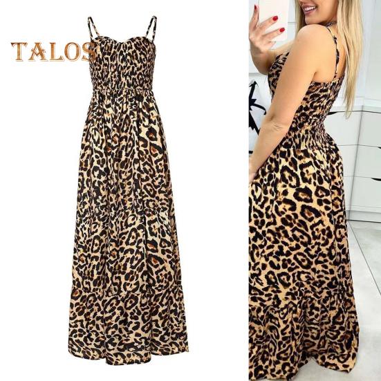 Women Strappy Dress Leopard Print Low-cut V Neck Sleeveless Tight High Waist Color Matching Backless Big Hem Vacation Beach Maxi Dress
