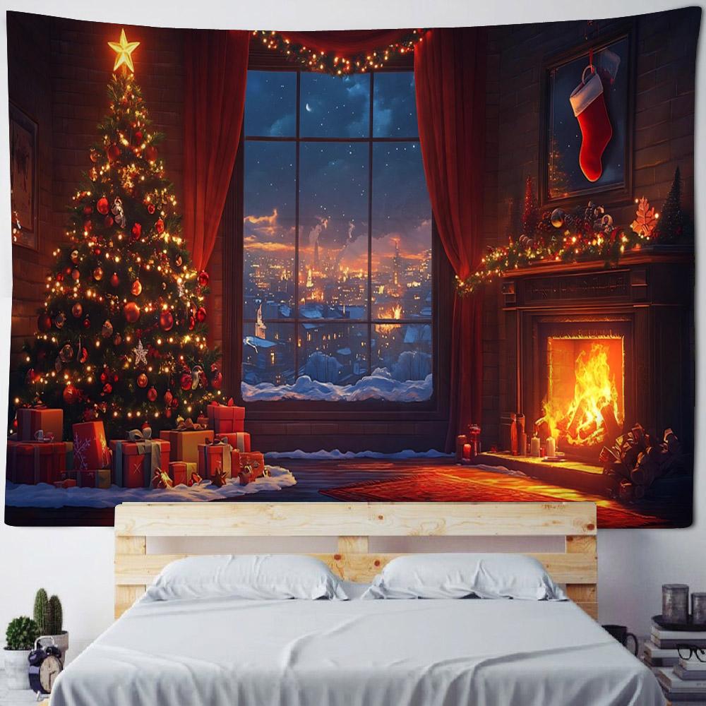 Christmas Santa Claus Workshop Tapestry Wall Hanging Festive Xmas Holiday Party Backdrop Decor for Bedroom Living Room