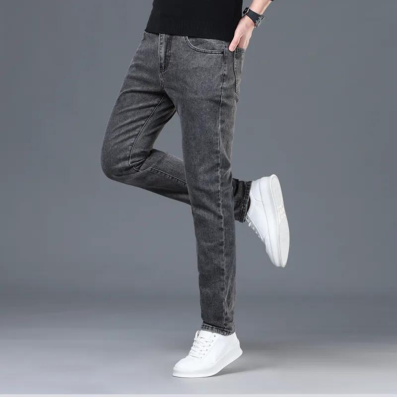 Pánské jarní a podzimní rovné slim strečové džíny se středním pasem, prané, ležérní kalhoty
