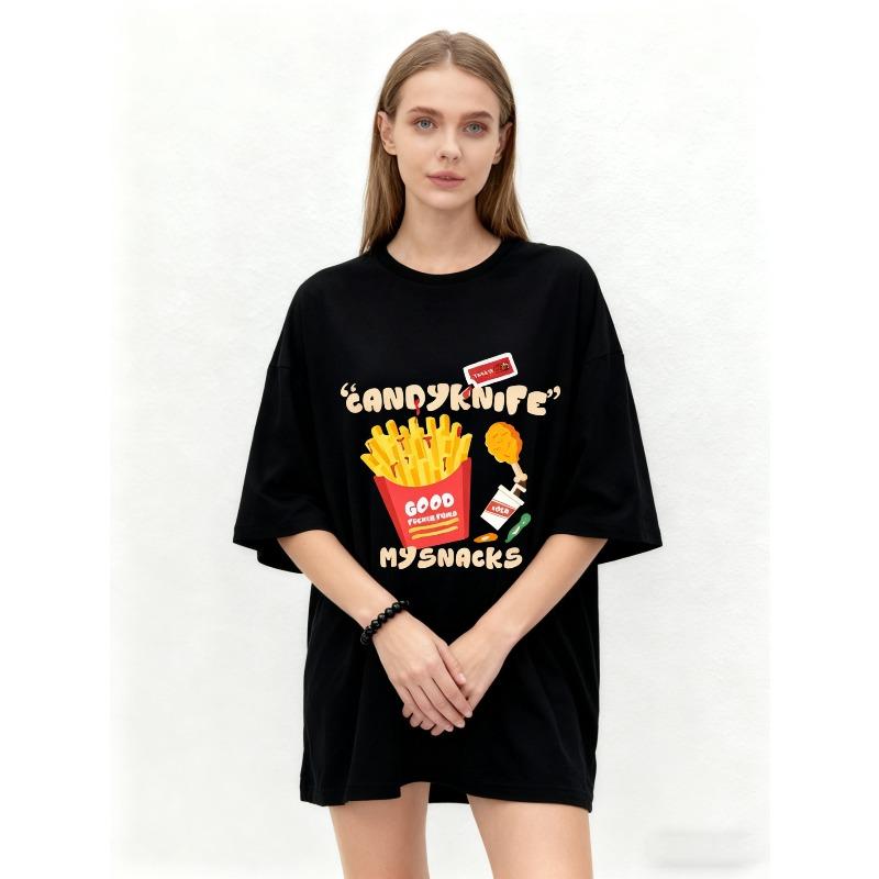 Koszulka Oversize Czarna Cukierkowy Nóż Frytki i Kurczak Nadruk Przekąski Casualowa Odzież Uliczna Dla Kobiet Moda Letnia