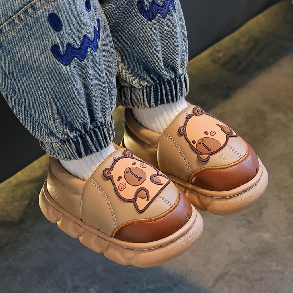 Autumn and Winter Children's Bags, Heels, Cotton Shoes, PU Leather Waterproof, Warm, and Plush Cotton Slippers for Adults and Children At Home