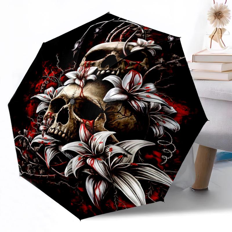 Zewnętrzny Automatyczny Parasol z Wzorem Czaszki, Składany Design z 8 Żebrami, Wytrzymały, Lekki, Na Każdą Porę Roku, Elegancki Damski Parasol