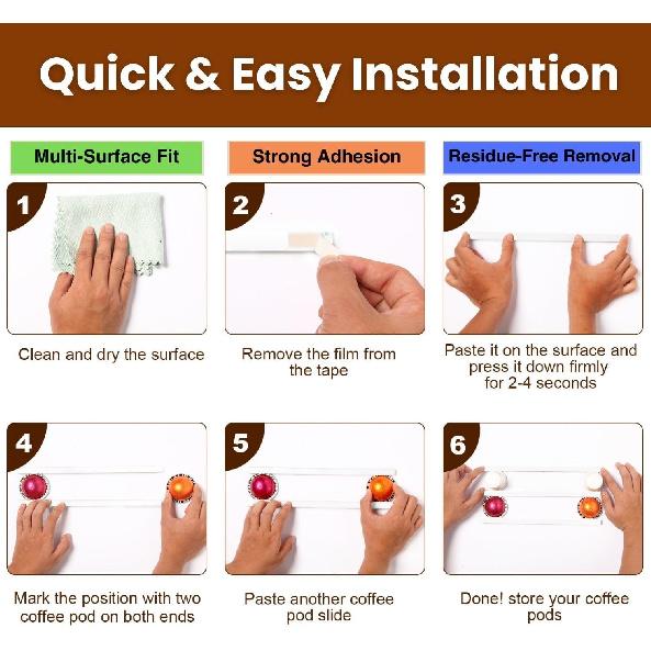 Kaffekapselholder, K-koppholdere for benk, 10 stk oppbevaring/organisator for kaffekapsler, veggmontert kaffekapselholder med lim, under skap - hvit