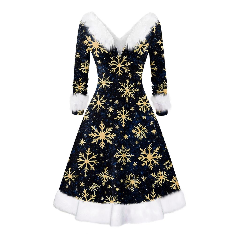 Women's Fashion V-neck Casual Fit Christmas Print Party Long Sleeve Dress