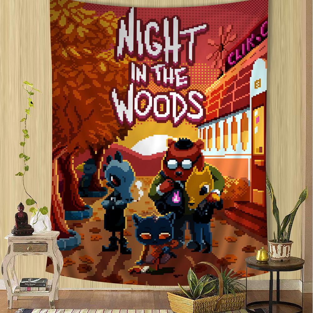 Night in the Woods Volle Charakter-Silhouette Wandteppich Farbverlauf-Hintergrund Gemütliche Zimmerdekoration für Indie-Spiel Nostalgische Fans