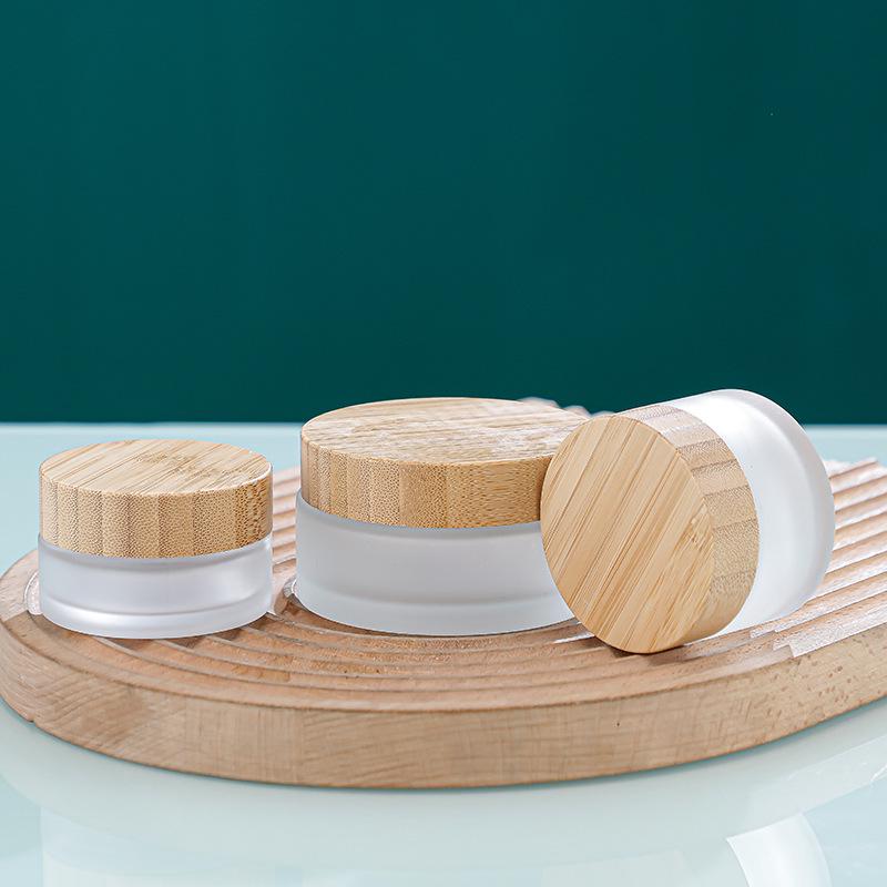 Frosted Glass Cream Jar with Wood Grain Lid - Refillable Cosmetic Container