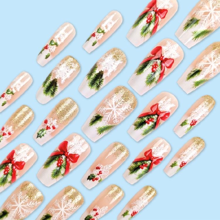 24PCS Artificial Nail Winter Snowflake Bows Design Artificial Nail For Professional Daily Use Manicure Fingernails