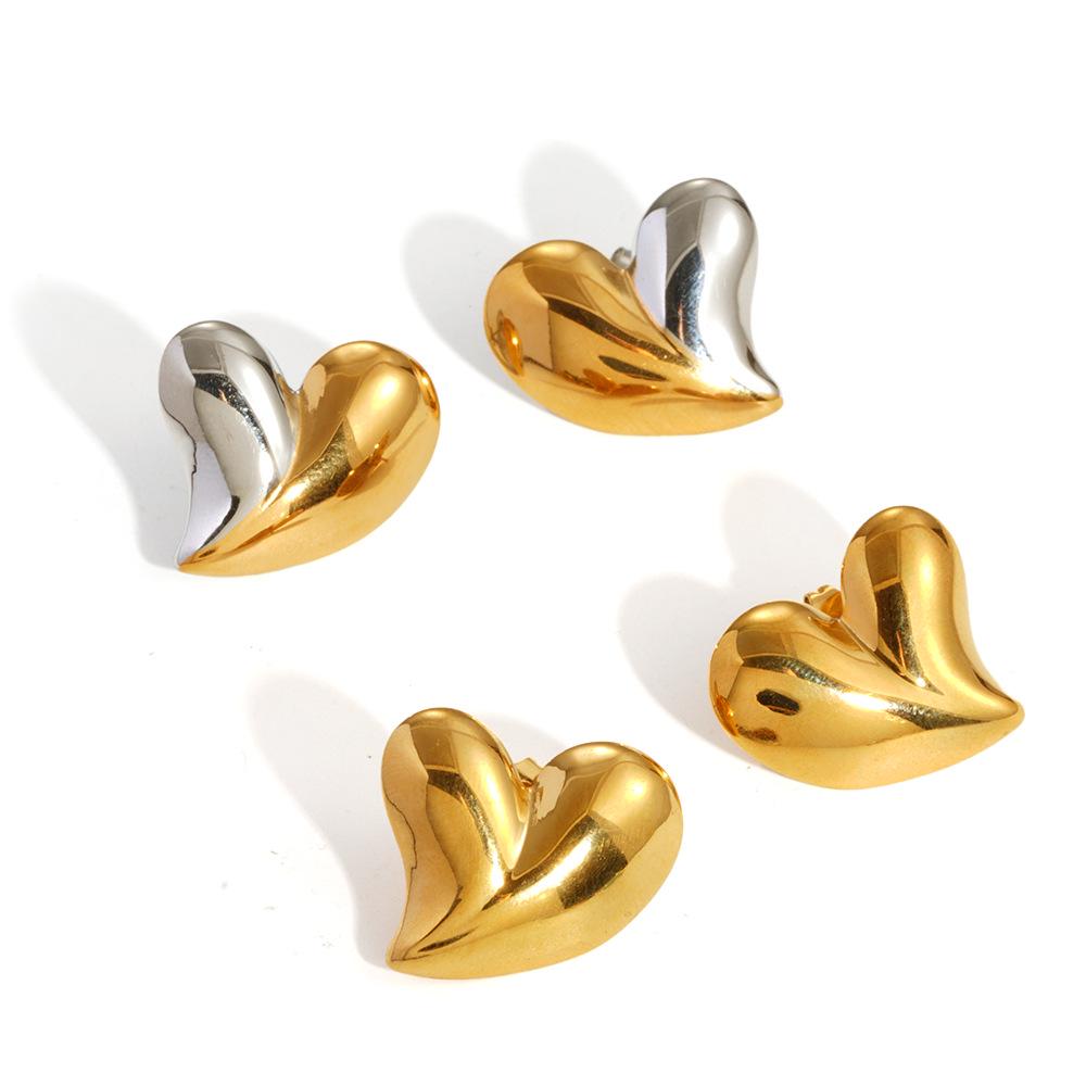Two-Tone Stainless Steel Irregular Heart Stud Earrings for Women - Light Luxury and Versatile Design