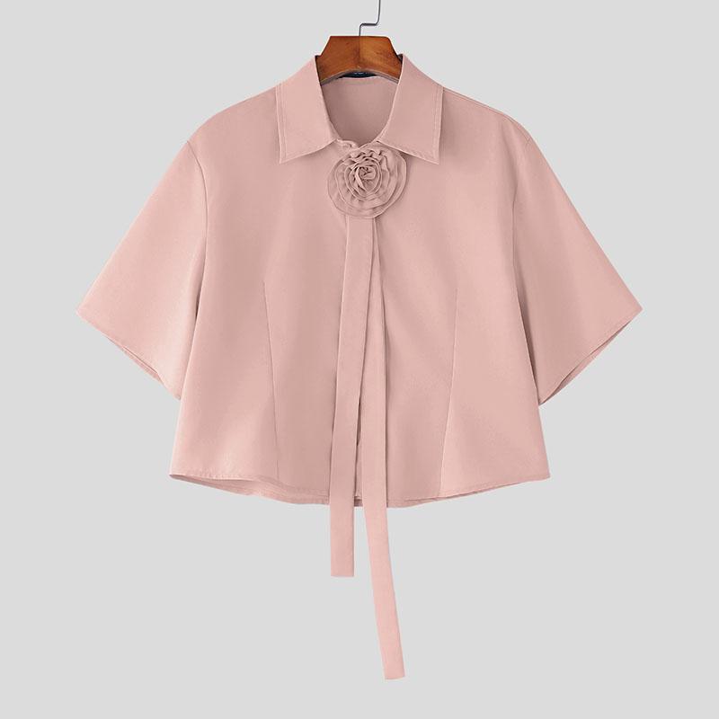 INCERUN Men Cropped Shirts Casual Loose Flower Tie Neck Short Tops