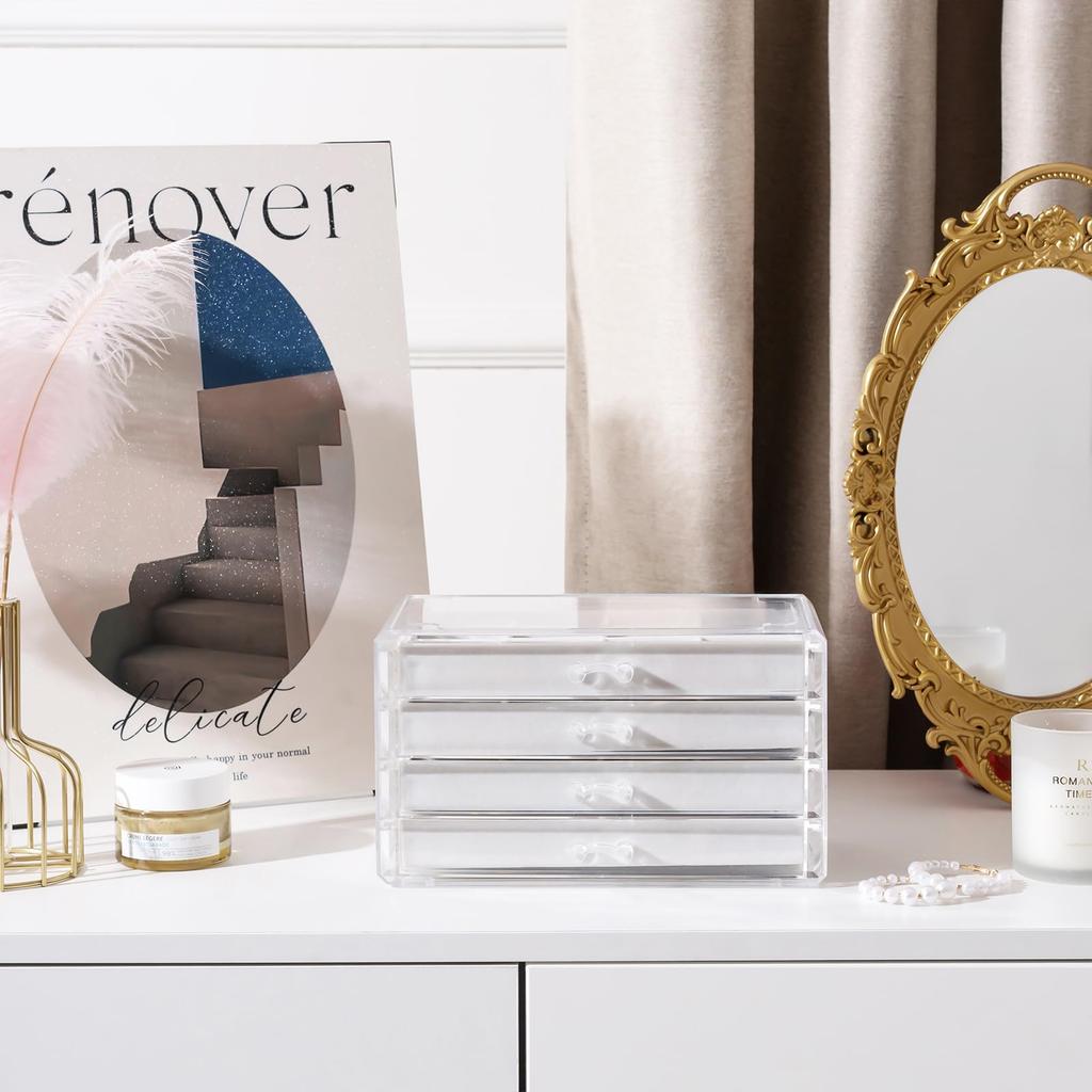 Lolalet Pudełko na biżuterię 4 warstwy Przechowywanie biżuterii Przezroczysta akrylowa szuflada dla kobiet dziewcząt Pudełko na biżuterię Etui na akcesoria Organizer Pudełko na drobiazgi Prezent Ciepła biel -