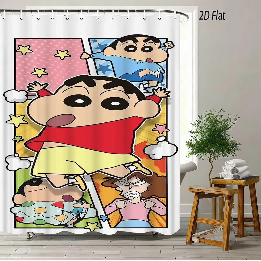 Crayon Shin-Chan & Shiro & Himawari Photo Collage Scene 2D Print Waterproof Shower Curtain, Warm Yellow Checkered With Star Acce