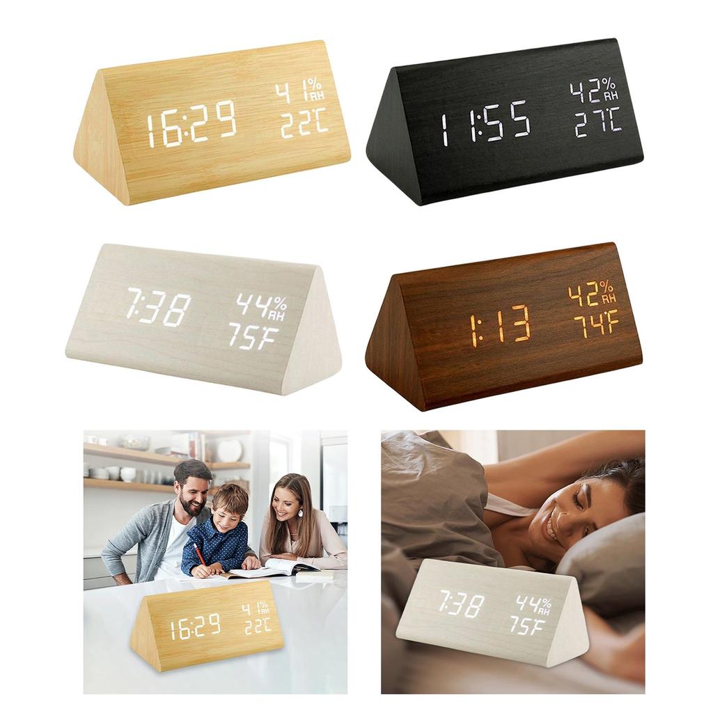 Electronic Alarm Clock LED Wooden with Temperature Brightness Adjustable for