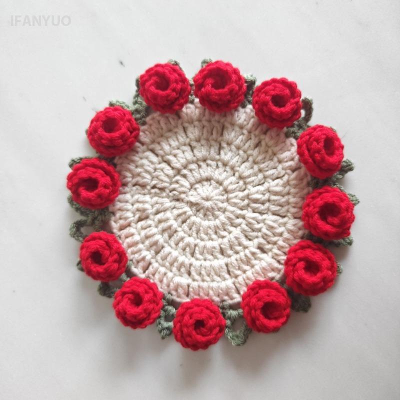 Handmade Rose Bouquet Crochet Coaster Heat Insulation Mug Placemat Cup Pad Flower Basket Shape Mat Home Table Decoration Tools