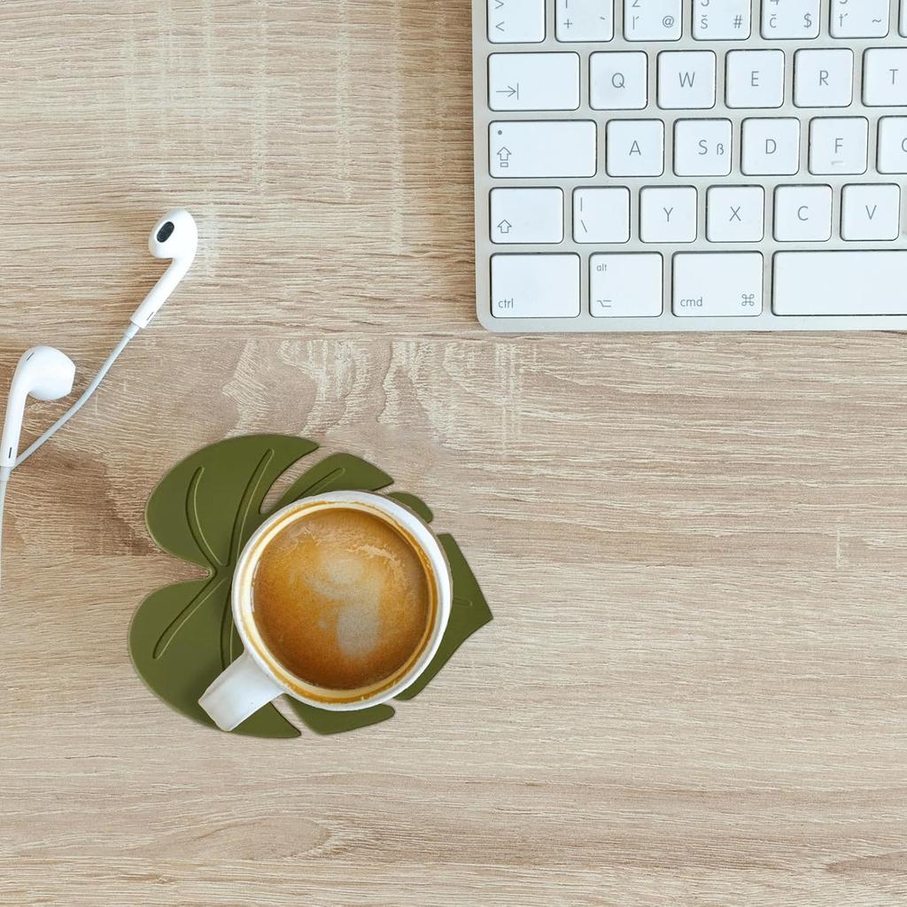 2PCS Cute Monstera Coasters, Soft Silicone Coaster for Drink, Fun Plant Cup Coasters for Desk, Creative 3D Green Turtle Leaf Drink Coaster, Tropical