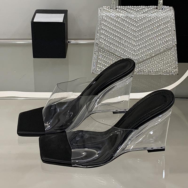 Summer Fashion Wide Square Open Toe Perspex Wedges Slipper Clear High Heels PVC Transparent Shoes Women Sandals Size 35-40