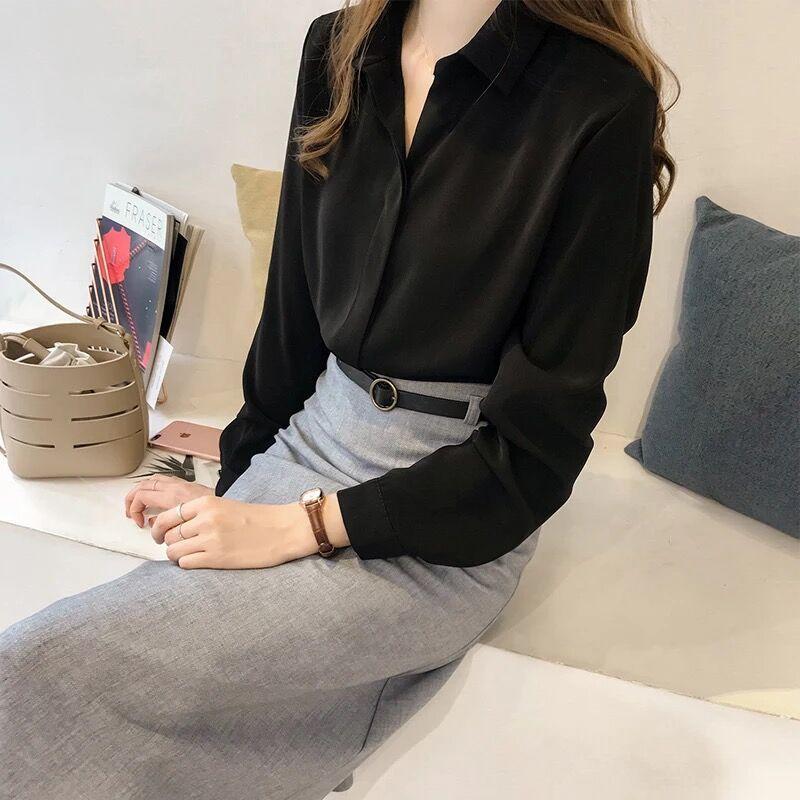 Women Shirt Long Sleeve V-neck Leisure Office Blouse Solid Color Simple Chiffon Shirt Female Tops Blusas