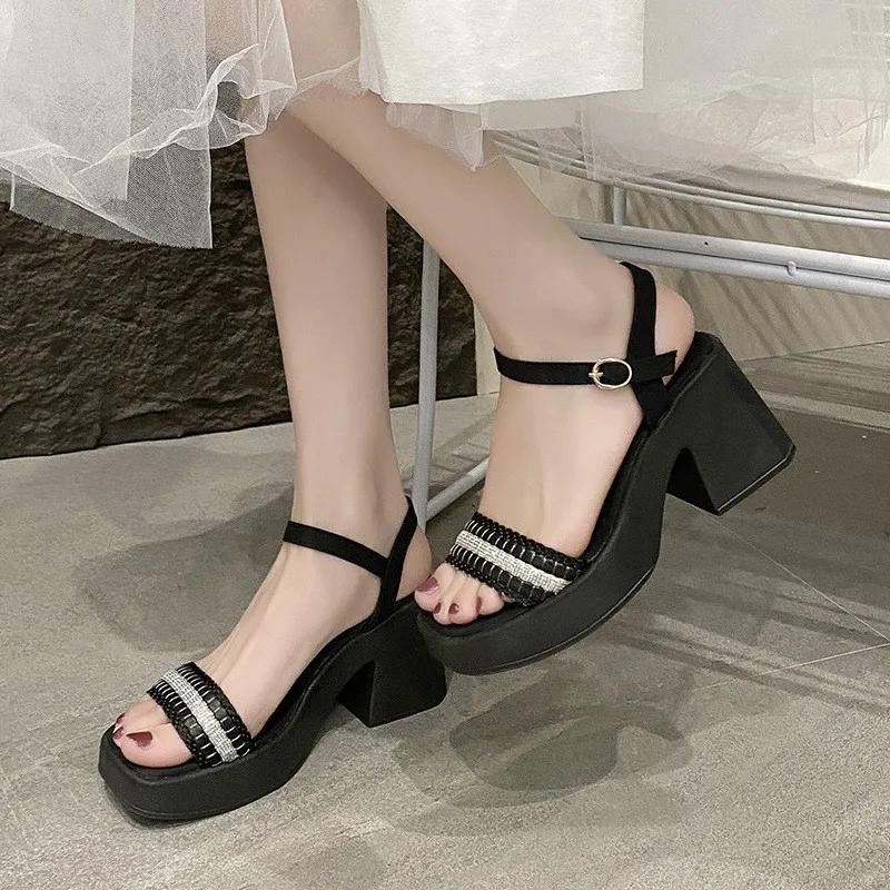 Chunky Heel Platform Slide Sandals 2025 Summer Women Square Toe Strappy Mule Slippers Plus Size Beach Shoes European Design