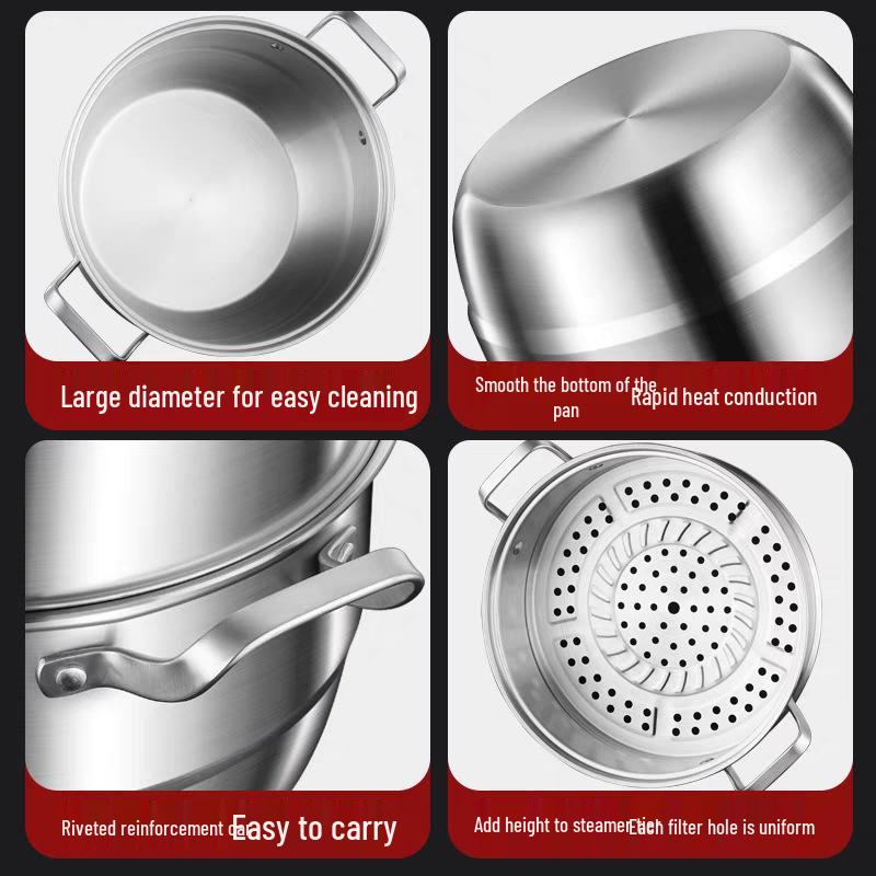316 Stainless Steel High-Rise Steamer Pot, Extra Thick, Food-Grade, Large Capacity, Versatile 3-4 Layer Soup Pot