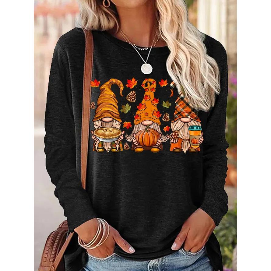Tricouri cu mânecă lungă cu imprimeu amuzant pentru femei Pulover de zi cu zi Toamna Gnomi Toamna Dovleac Ziua Recunoștinței Topuri casual Harajuku