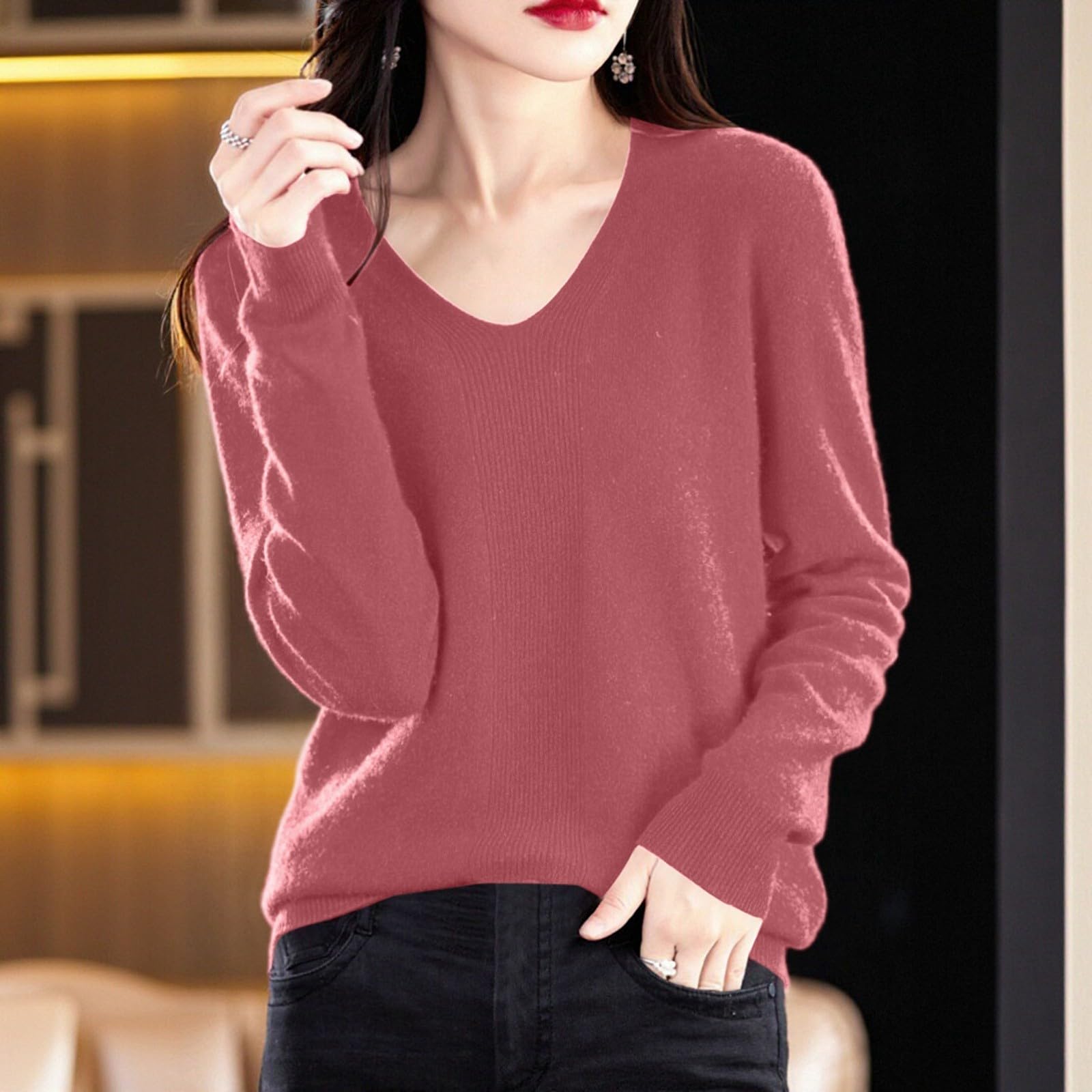 

Pullover Sweaters For Women V Neck Soft Lightweight Loungewear Breathable Loose Fit Long Sleeve Travel Sweater Tops M Кіновар