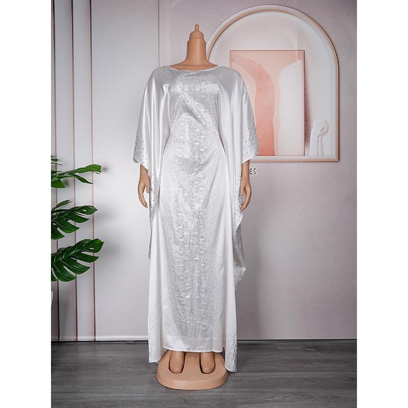 Plus Size Adjustable Belt Dresses Women's Drill Silk Satin Bat Sleeve Long Dress